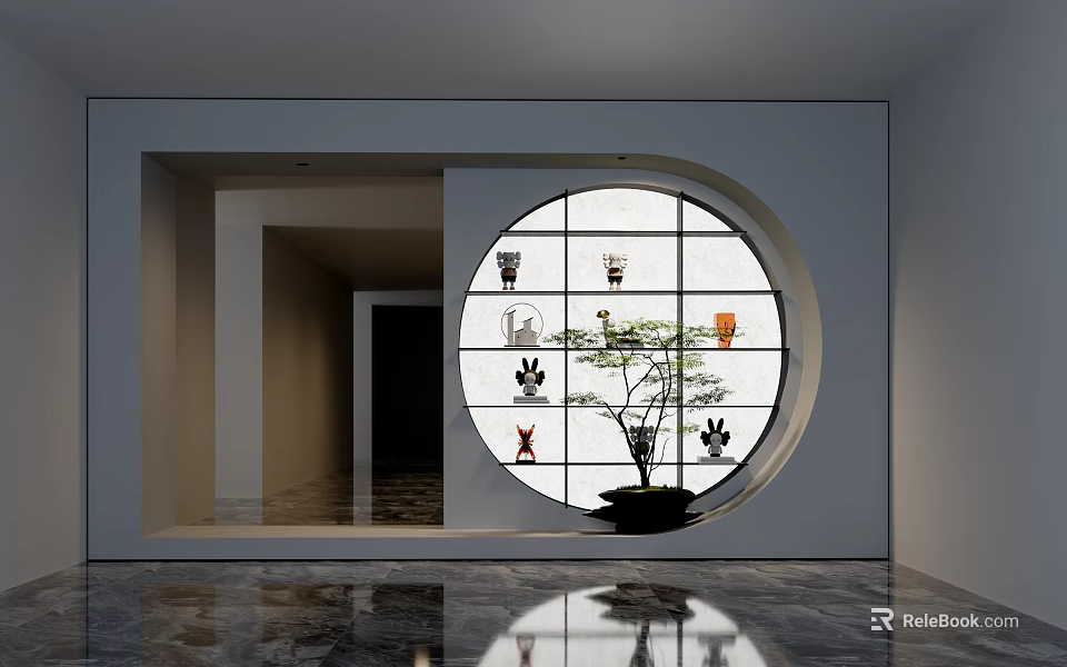 Modern Minimalist Reception Desk with Circular Window Panels Vases and Potted Plant on Marble Floor 3d model 
