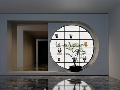 Modern Minimalist Reception Desk with Circular Window Panels Vases and Potted Plant on Marble Floor 3d model