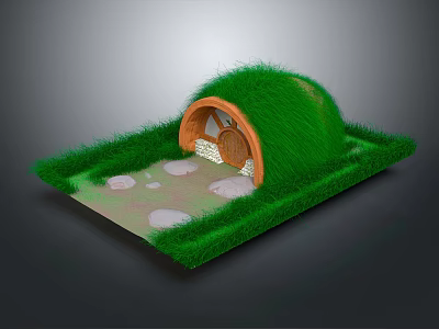 Cartoon Scene With Small House Grass Roof Arched Entrance And Stone Path 3d model