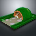 Cartoon Scene With Small House Grass Roof Arched Entrance And Stone Path