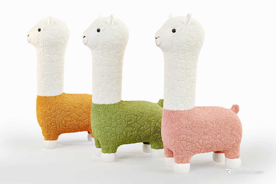 Three Cute Colorful Alpaca Plush Dolls In Orange Green And Pink 3d model 
