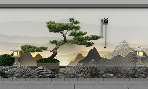 New Chinese style landscape sketch pine metal rockery waterscape 3d model