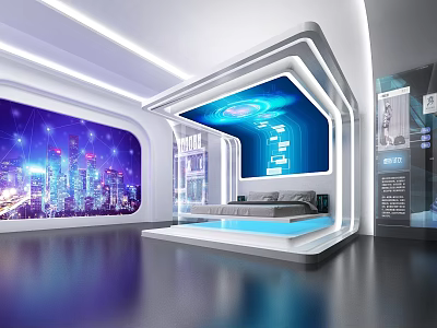 Modern Hi tech Room Interior With Floating Bed Blue Lighting And City Night View Screen 3d model