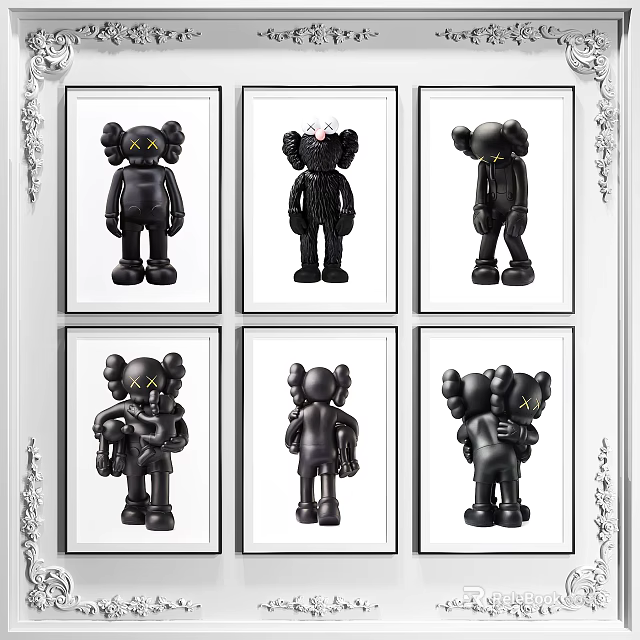 Six Framed Black Doll Artworks With Yellow Eyes And Decorative White Borders 3d model 