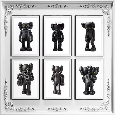 Six Framed Black Doll Artworks With Yellow Eyes And Decorative White Borders 3d model