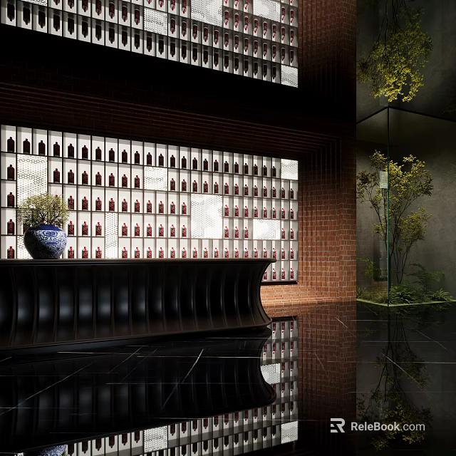 Elegant Hotel Lobby Featuring Modern Reception Desk Brick Wall And Potted Plants 3d model 