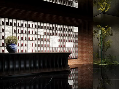 Elegant Hotel Lobby Featuring Modern Reception Desk Brick Wall And Potted Plants 3d model