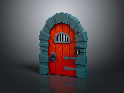 Stone Arch Red Wooden Door With Grilled Window Door Knocker And Lantern 3d model