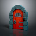 Stone Arch Red Wooden Door With Grilled Window Door Knocker And Lantern