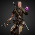 Game Character Holding Sword with Purple Magic in Leather Armor on Glowing Base