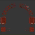 Traditional Red Arched Architectural Structure With Symmetrical Split Curved Design And Pillars