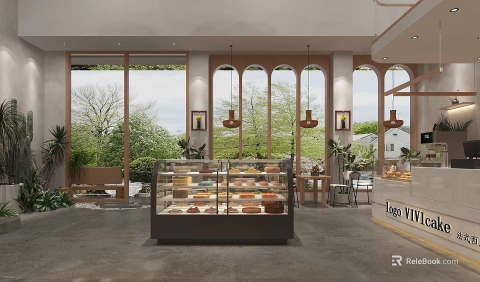 Cozy Dessert Shop Interior With Pastry Display And Large Windows 3d model 