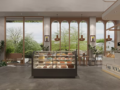 Cozy Dessert Shop Interior With Pastry Display And Large Windows 3d model