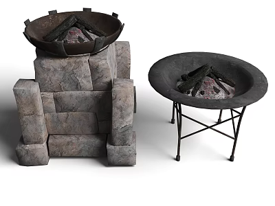 Outdoor Fire Pits With Stone Base Structure And Metal Stand Design Burning Logs Inside 3d model