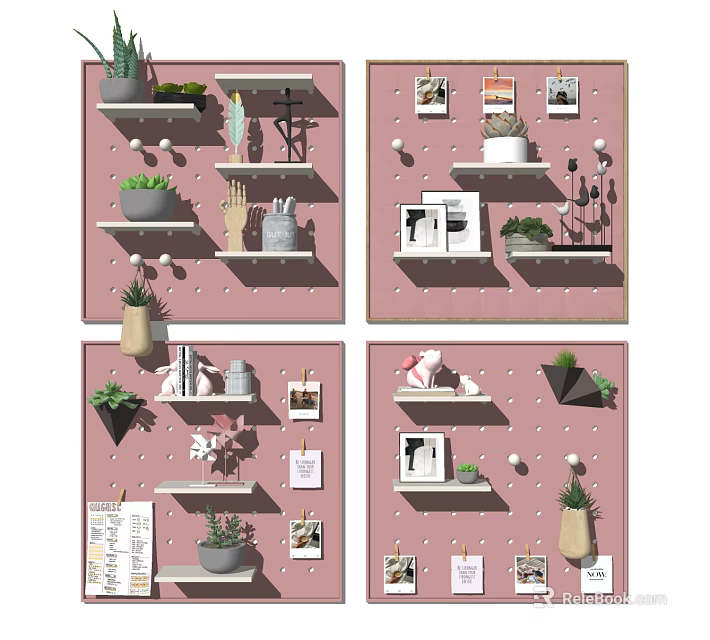 Stylish Pink Wall Decor with Shelves Plants Photos and Decorative Items 3d model 