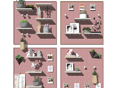 Stylish Pink Wall Decor with Shelves Plants Photos and Decorative Items 3d model
