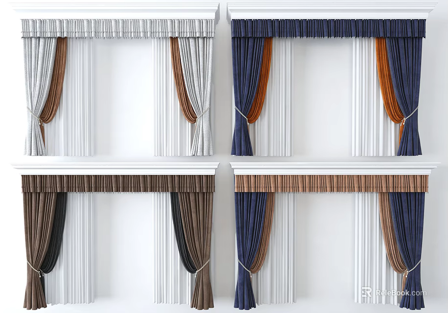 Stylish Curtains With White Brown Blue Orange Striped Designs And Valance Details 3d model 