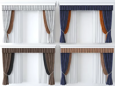 Stylish Curtains With White Brown Blue Orange Striped Designs And Valance Details 3d model