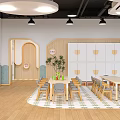 Kindergarten Classroom Interior With Round Lights Wooden Tables Shelves Digital Clock And Colorful Decor