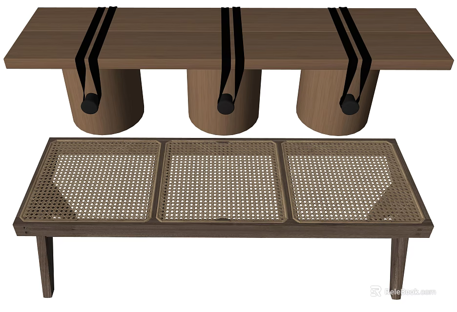 Modern Wooden Bed End Bench With Three Perforated Panels And Straight Support Legs 3d model