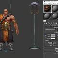 Muscular Warrior Character With Ornate Beads And Umbrella Shaped Polearm In Tribal Fantasy Design
