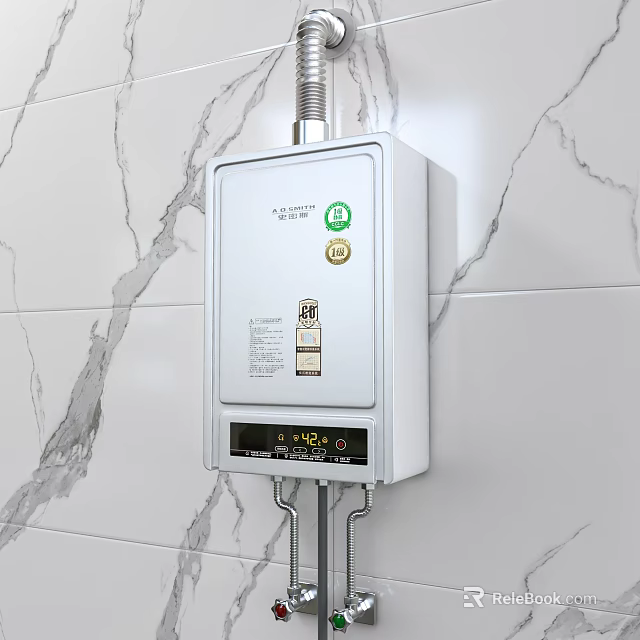 White Wall Mounted Water Heater With Digital Temperature Display On Marble Tile 3d model 