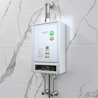 White Wall Mounted Water Heater With Digital Temperature Display On Marble Tile 3d model