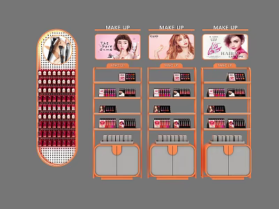 Cosmetics Display Shelves With Multiple Tiers And Model Images For Makeup Products 3d model