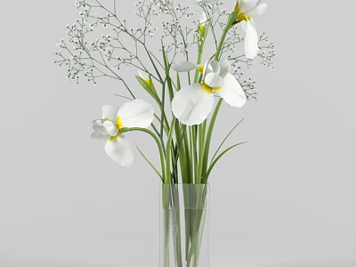 Transparent Glass Vase With White Flowers Green Stems And Small White Baby's Breath 3d model
