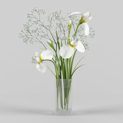 Transparent Glass Vase With White Flowers Green Stems And Small White Baby's Breath 3d model