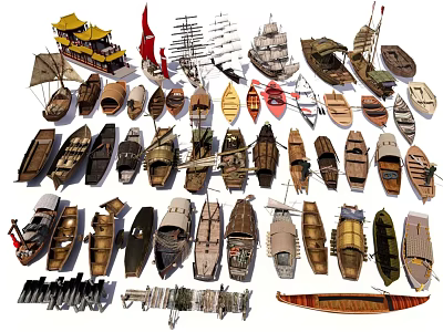 Traditional Wooden Boat Collection with Various Vintage Designs and Craft Details 3d model