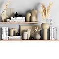 Modern Decorative Ornament Set with Vases Books Dried Grass on Wooden Shelves for Home Decoration