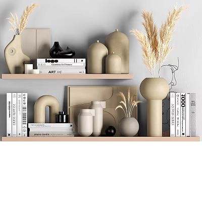 Modern Decorative Ornament Set with Vases Books Dried Grass on Wooden Shelves for Home Decoration 3d model