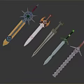 Stylish Decorative Swords Featuring Green Gem Chain Golden Details And Unique Designs