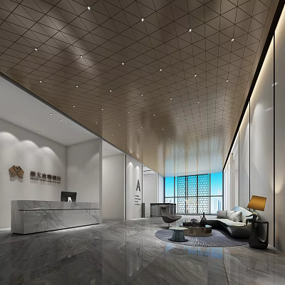 Modern Service Hall Interior Design With Marble Reception Desk Large Windows And Sofa Seating Area 3d model