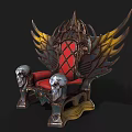 Ornate Vintage Chair With Golden Wings Red Seat And Skull Decorations