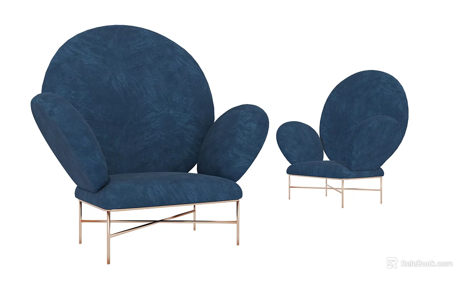Stylish Blue Accent Chair Design With Round Backrest Armrests And Metal Legs 3d model 