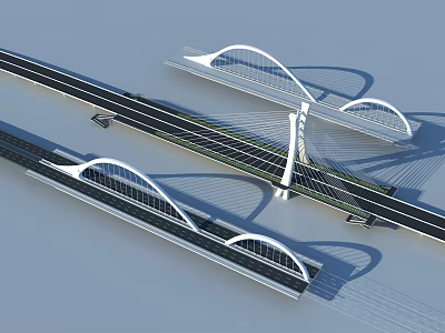 Modern Arched Bridge Design Featuring White Structures Black Decks And Cable Supports 3d model
