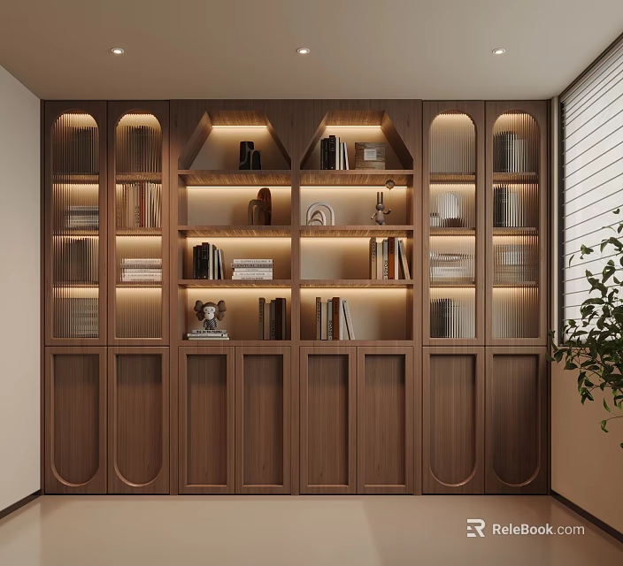 Elegant Walnut Wood Bookcase With Built In Warm LED Lights For Modern Home Study 3d model 