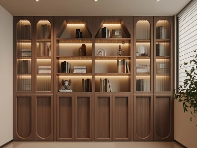 Elegant Walnut Wood Bookcase With Built In Warm LED Lights For Modern Home Study 3d model