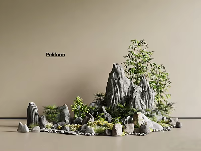 Natural Courtyard Garden Landscape Design With Rockery Bamboo Stones And Green Plants 3d model
