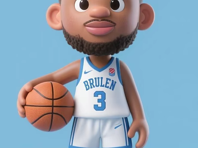 Cartoon Style Man Wearing White Basketball Jersey With BRULEN 3 Holding Basketball Against Blue Background 3d model
