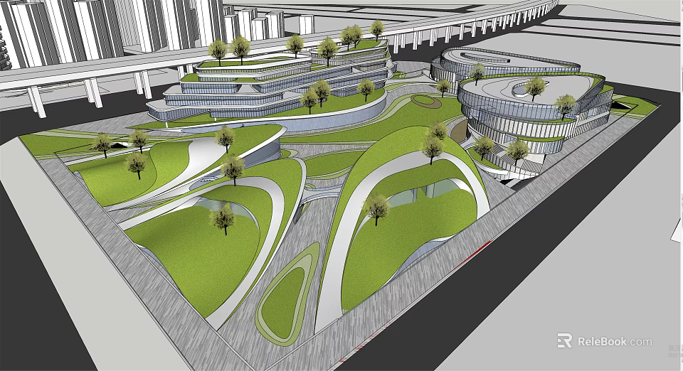 Modern Commercial Complex With Curved Green Roofs Lush Trees And Open Public Spaces 3d model 