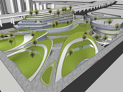 Modern Commercial Complex With Curved Green Roofs Lush Trees And Open Public Spaces 3d model