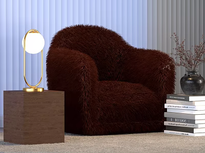 Elegant Table Lamp with Golden Stand on Wooden Base and Brown Furry Chair Near Books 3d model