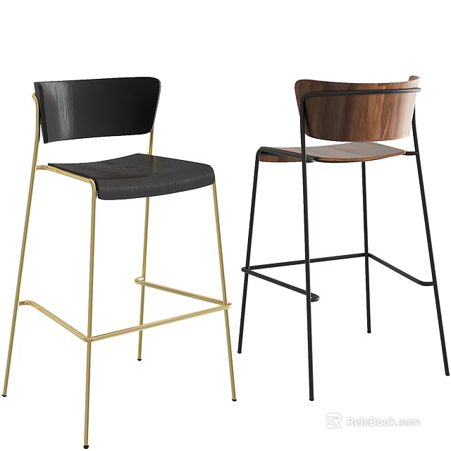 Contemporary Bar Stools With Black Leather Gold Frame And Wooden Seat Black Frame 3d model 