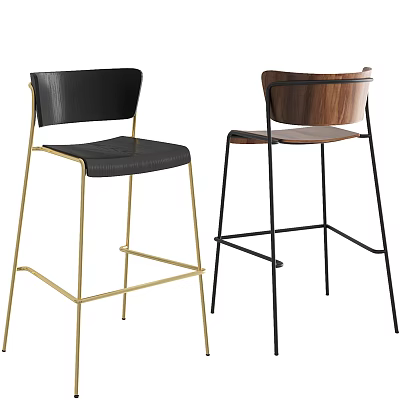 Contemporary Bar Stools With Black Leather Gold Frame And Wooden Seat Black Frame 3d model