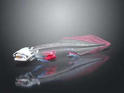 Transparent Fish Skeleton With Red Accents And Silver Body On Black Background With Reflection 3d model