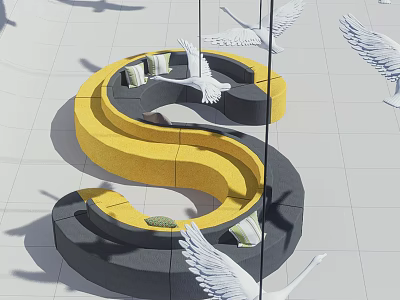 Unique S shaped Sofa Yellow Black Design with White Swan Sculptures in Modern Space 3d model