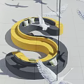 Unique S shaped Sofa Yellow Black Design with White Swan Sculptures in Modern Space